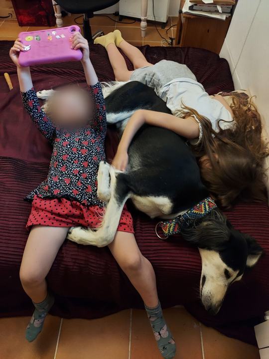 A small child lying against Sagi on a bed