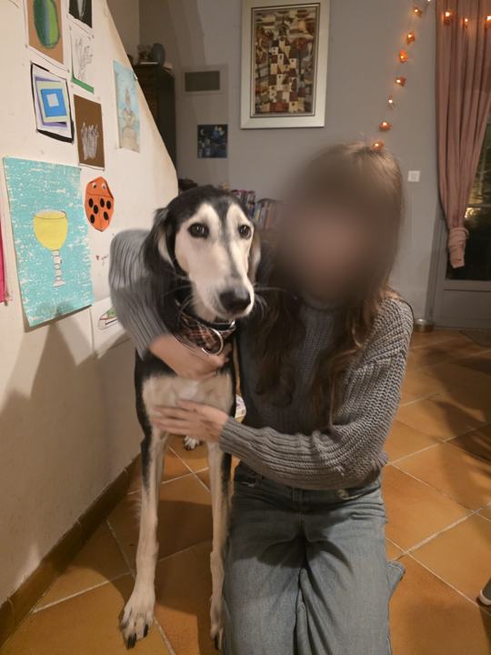 A girl in Halloween make-up hugging Sagi